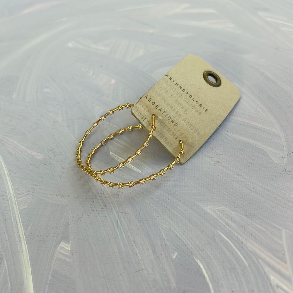 Anthropologie Pave Pattern Gold Hoops with Crystals Size Medium - Picture 3 of 8
